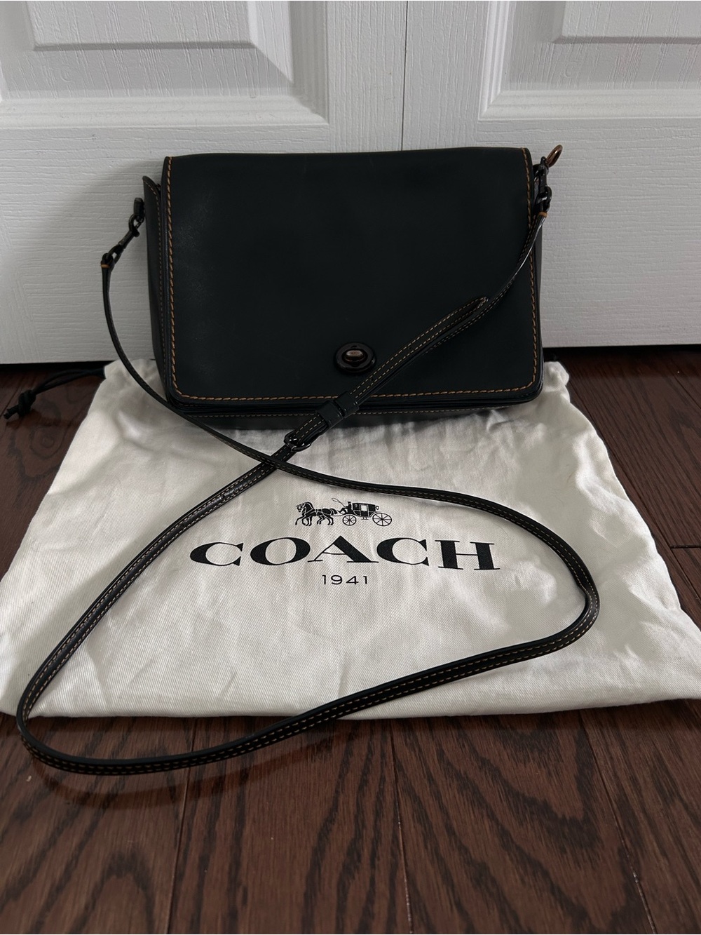 Coach Black Leather Turnlock Crossbody with Contrast Stitching